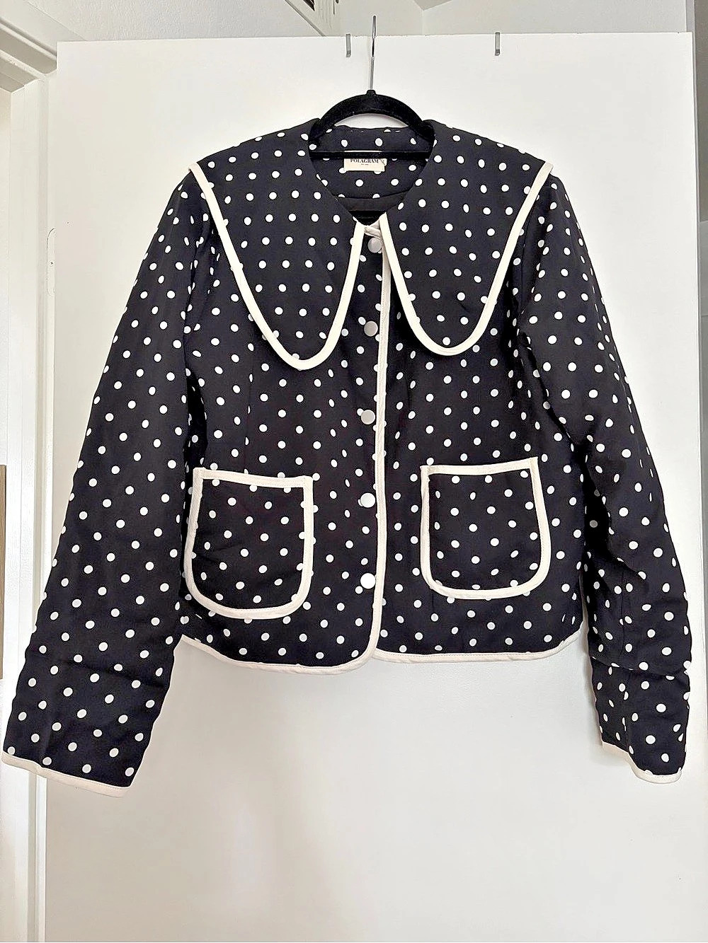 POLAGRAM Polka Dot Bomber Jacket in Black & White Size Medium